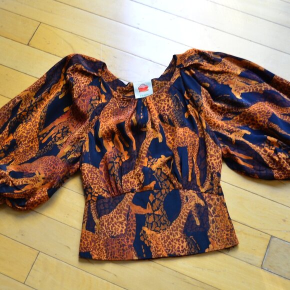 Farm Rio Black Giraffes Puff Sleeve Blouse Size XS - Picture 3 of 14